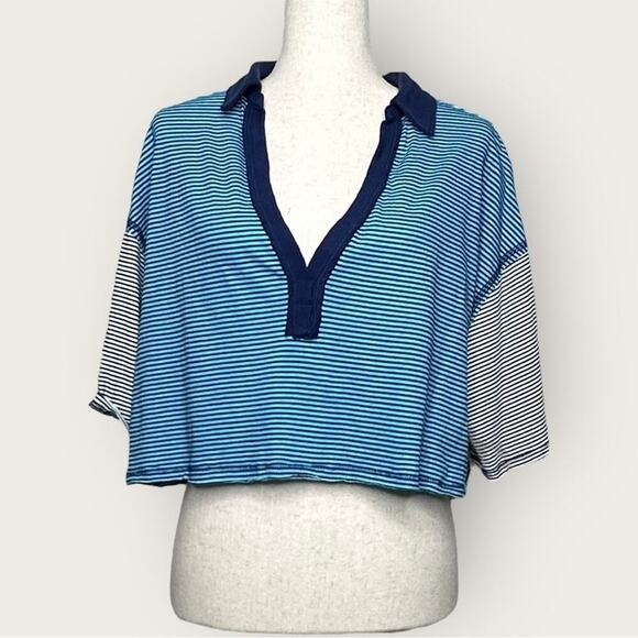 EUC | We the Free | Striped Oversized Crop Top | Blue | Small - Picture 2 of 16